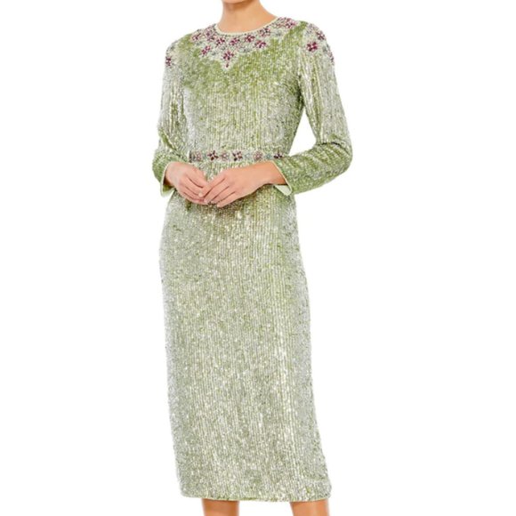 MAC DUGGAL 93568 FLORAL BEADED TEA LENGTH SAGE MIDI DRESS sz 16 - Picture 6 of 7